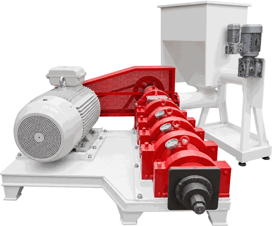 Current-generation single-screw extruder with feed hopper, screen and drive motor on a skid base