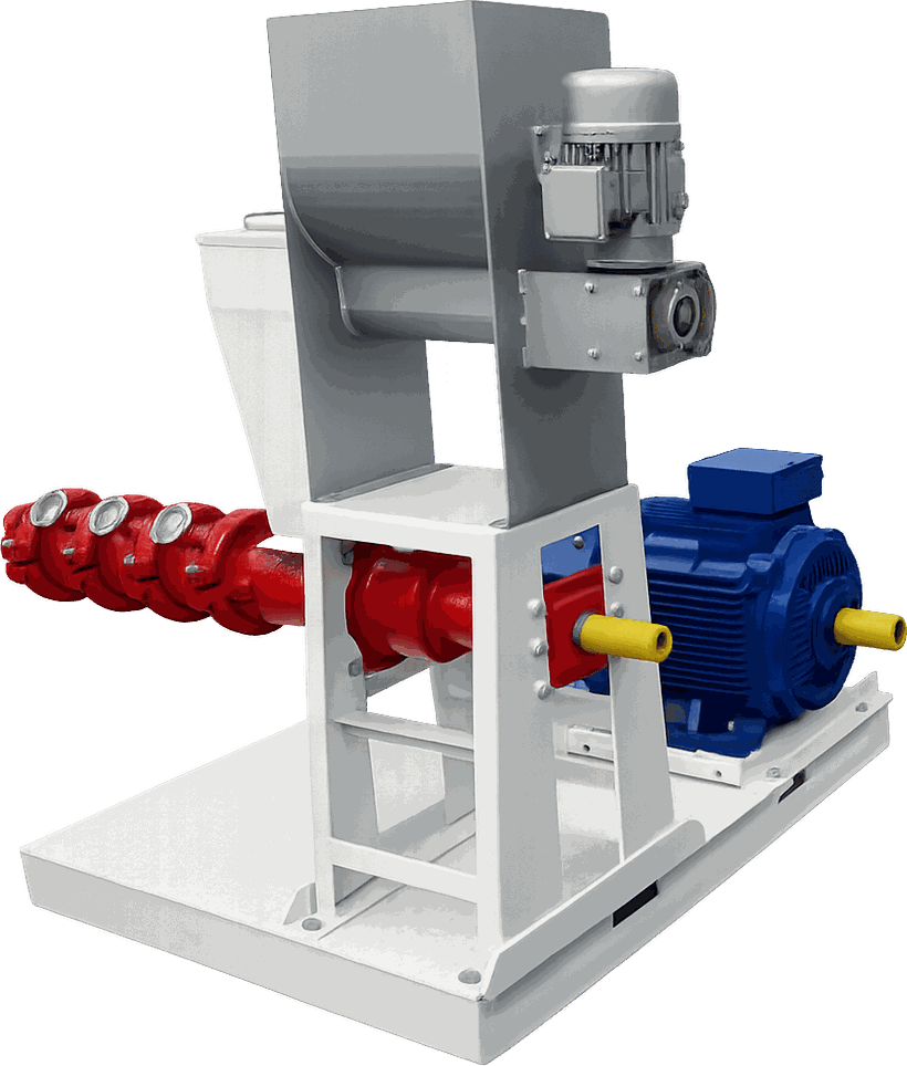 Single-screw extruder mounted on its skid frame, with feed hopper, barrel and drive motor